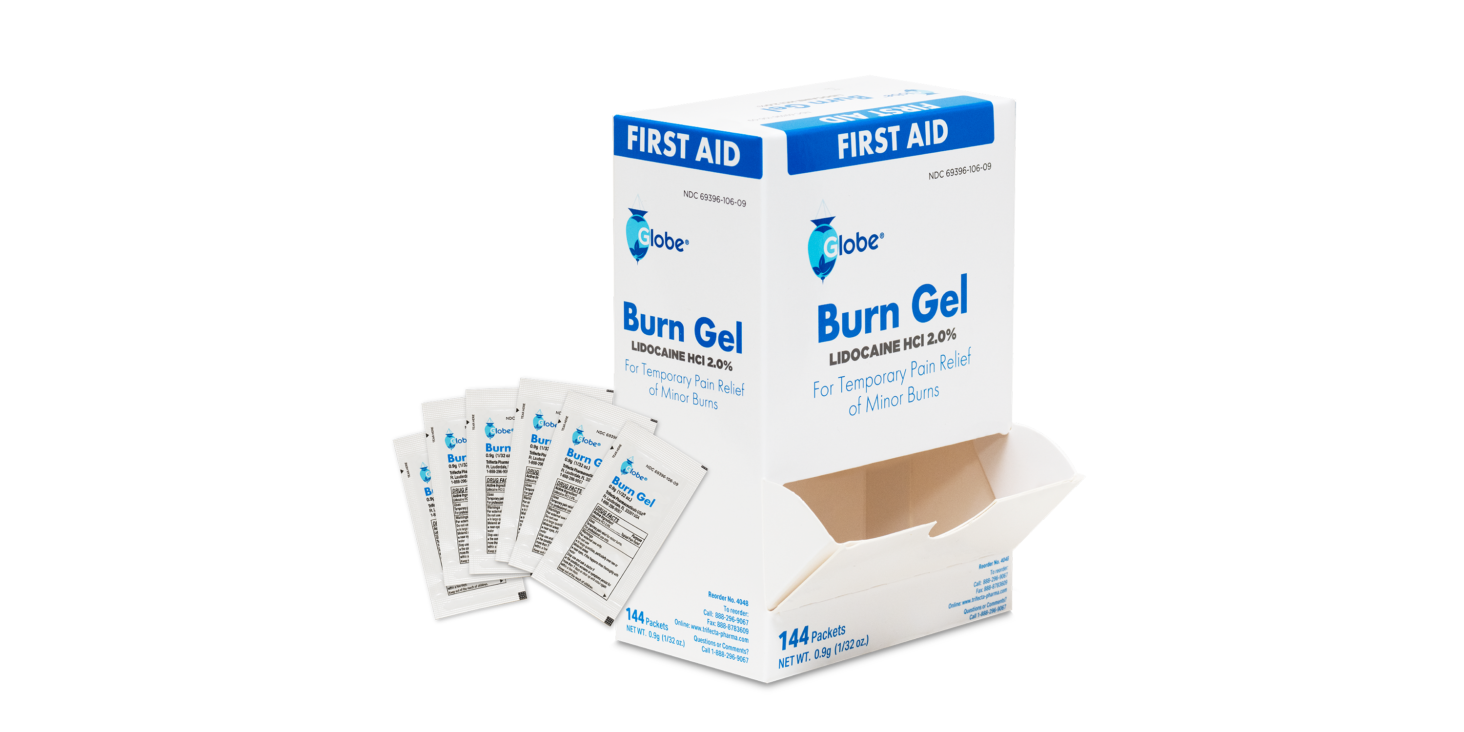Globe First Aid Burn Gel with Aloe 0.9g Packets, (Box of 144) Advanced First Aid Gel for Temporary Relief of Minor Burns, Cuts, and Scrapes 974
