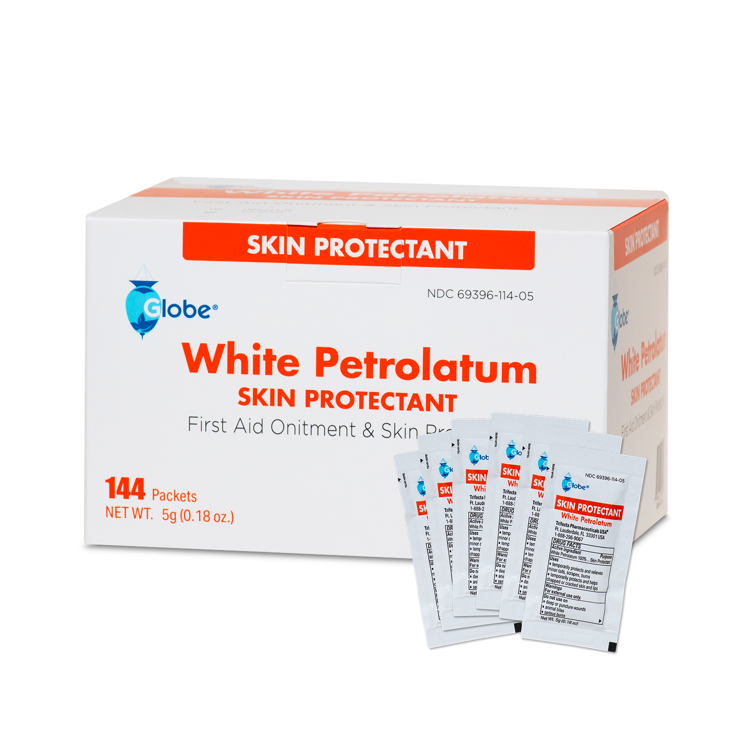 Globe (Box of 144) White Petrolatum, Petroleum Jelly for Dry or Cracked Skin, Soothing White Petroleum Jelly for Minor Skin Irritations, 5g Packet 975